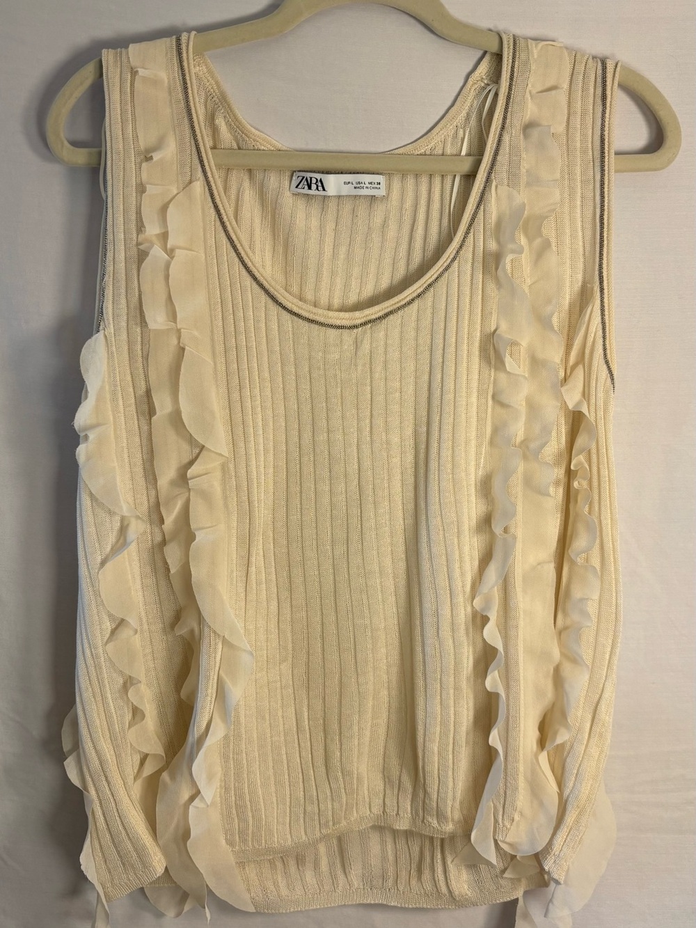 Zara Cream Ruffle Ribbed Tank Top